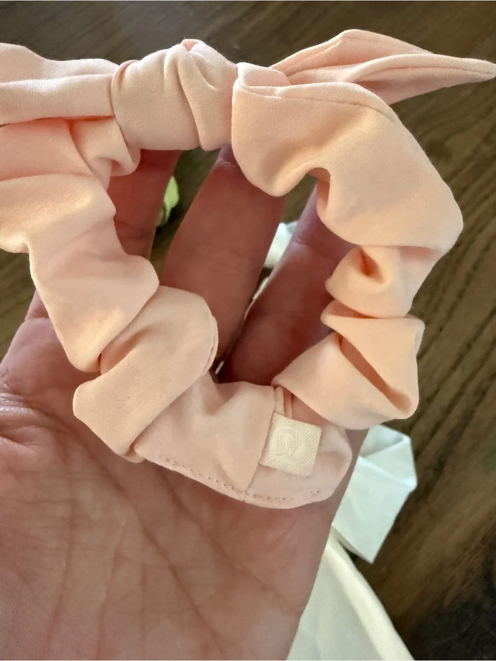 Set of Three Lululemon Scrunchies in Lime, Peach, and White